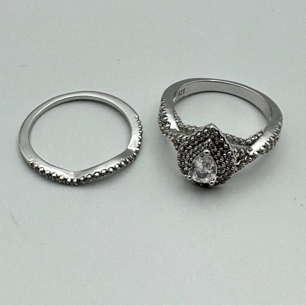 Beautiful Sterling Silver Pear CZ Halo 2-Piece Ring Set Size 6.5